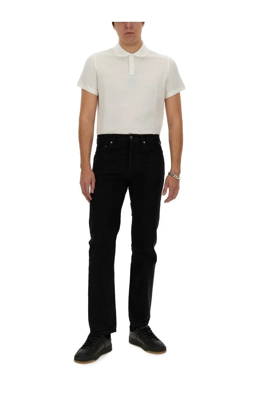 Black slim-fit denim jeans with classic five-pocket design and silver-toned hardware paired with Saint Laurent men’s monogram polo white