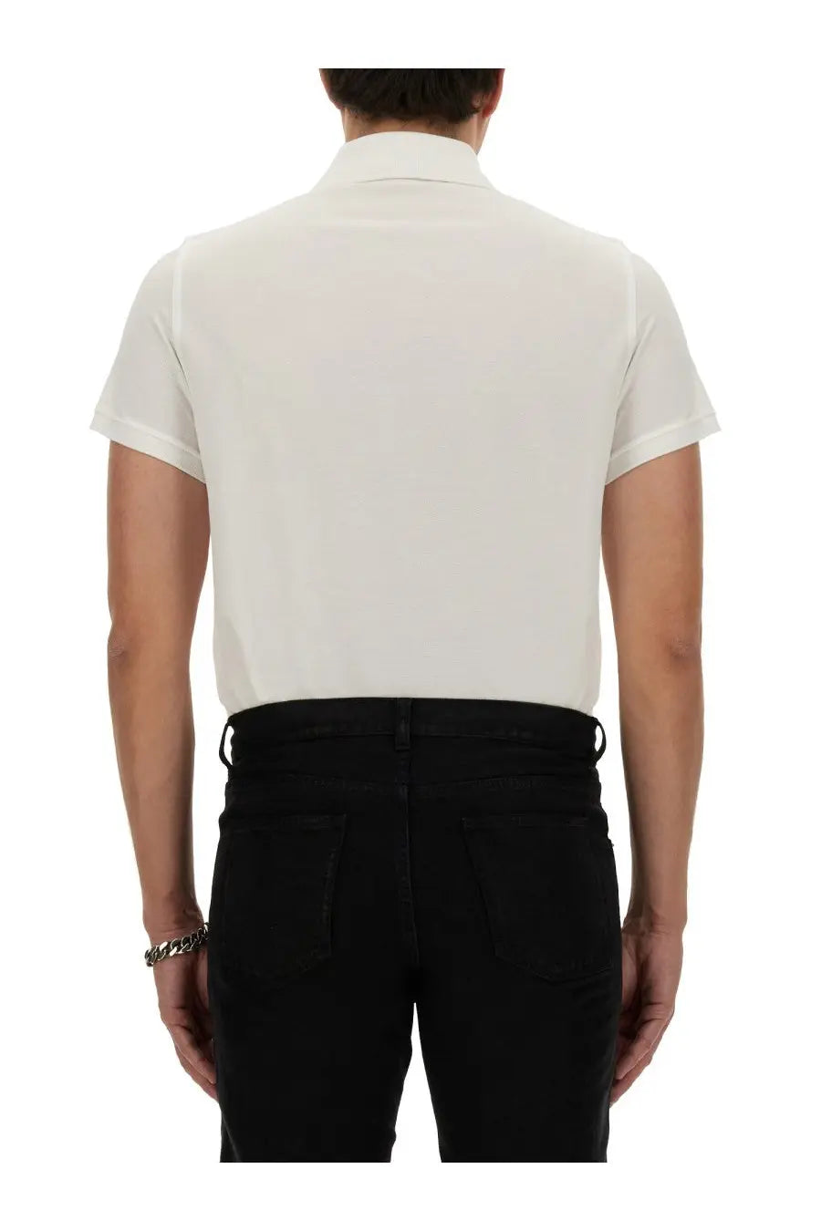 Saint Laurent men’s monogram polo white crisp white short-sleeved shirt with classic collar and subtle texture