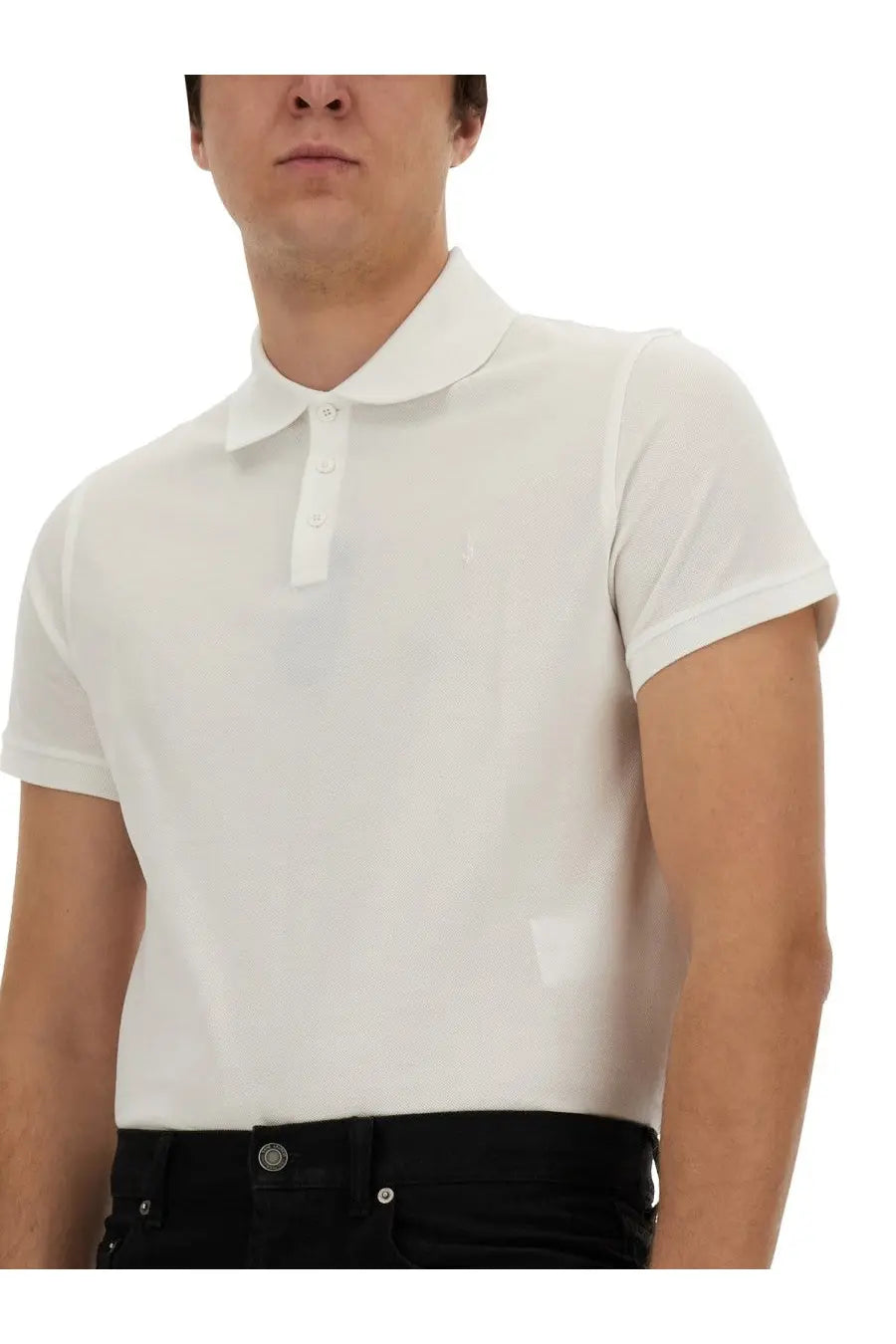 Saint Laurent men’s white polo shirt with short sleeves classic collar and button placket in cotton material