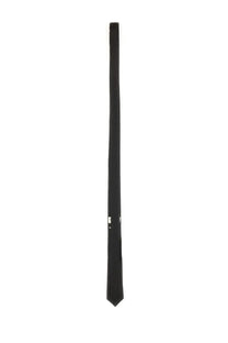 Saint Laurent men’s monogram thin jacquard tie in black silk with a sleek minimalist design