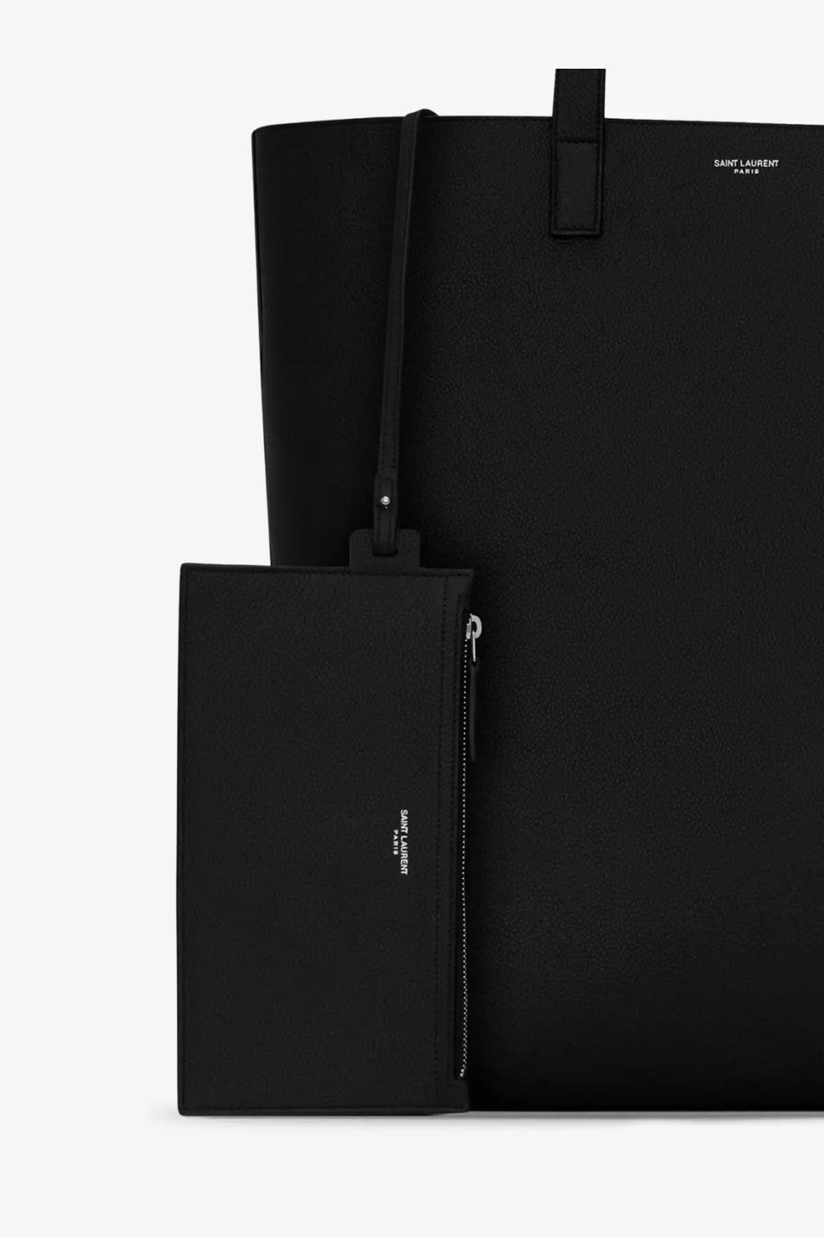 Saint Laurent men’s north south black leather tote bag with matching zippered pouch for daily use