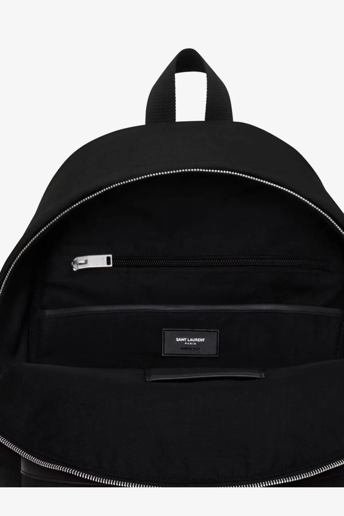 Saint Laurent men’s black nylon and leather city backpack with silver-toned zippers and minimalist design