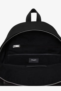 Saint Laurent men’s black nylon and leather city backpack with silver-toned zippers and minimalist design