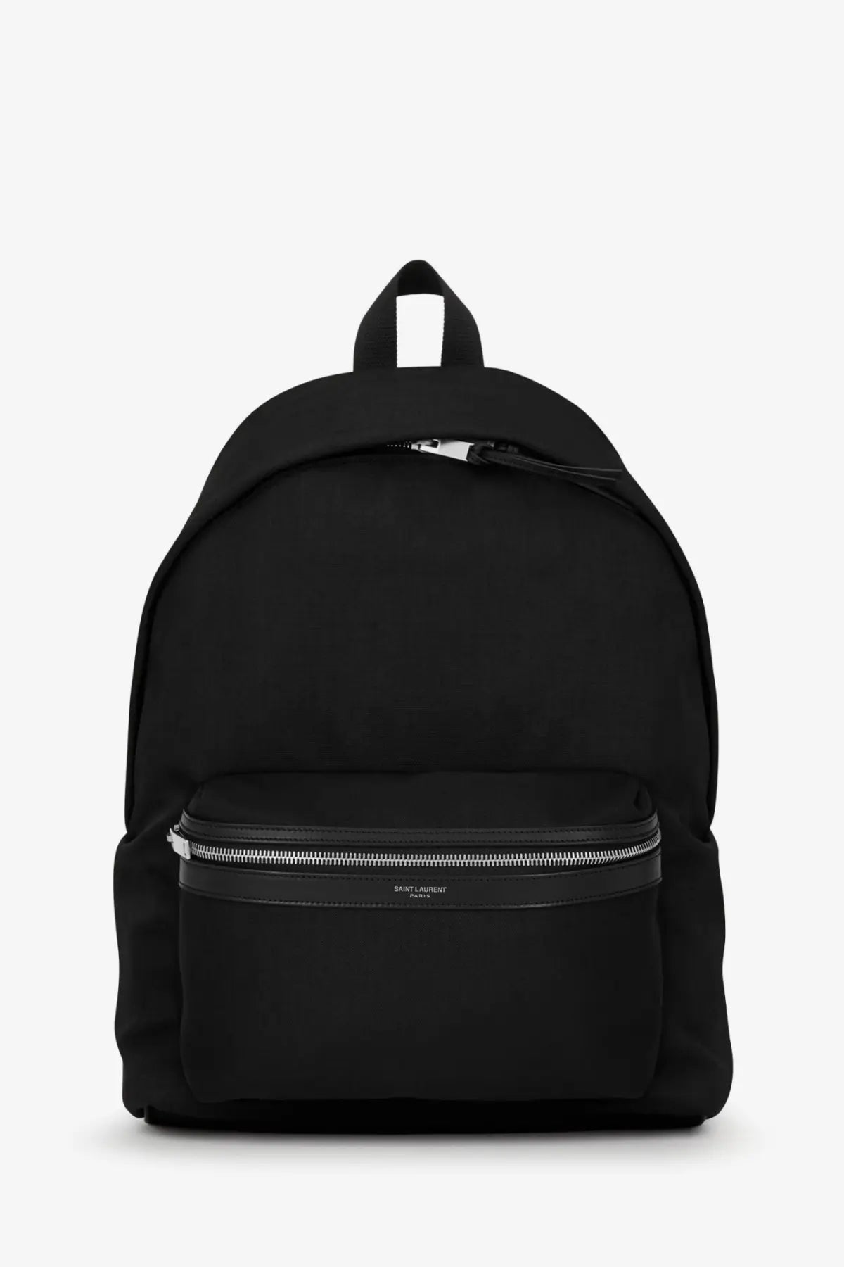 Black Saint Laurent men’s nylon and leather city backpack with sleek exterior and contrasting silver zippers