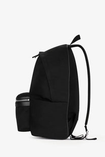 Saint Laurent men’s black nylon and leather city backpack with sleek minimalist design and subtle stitching details