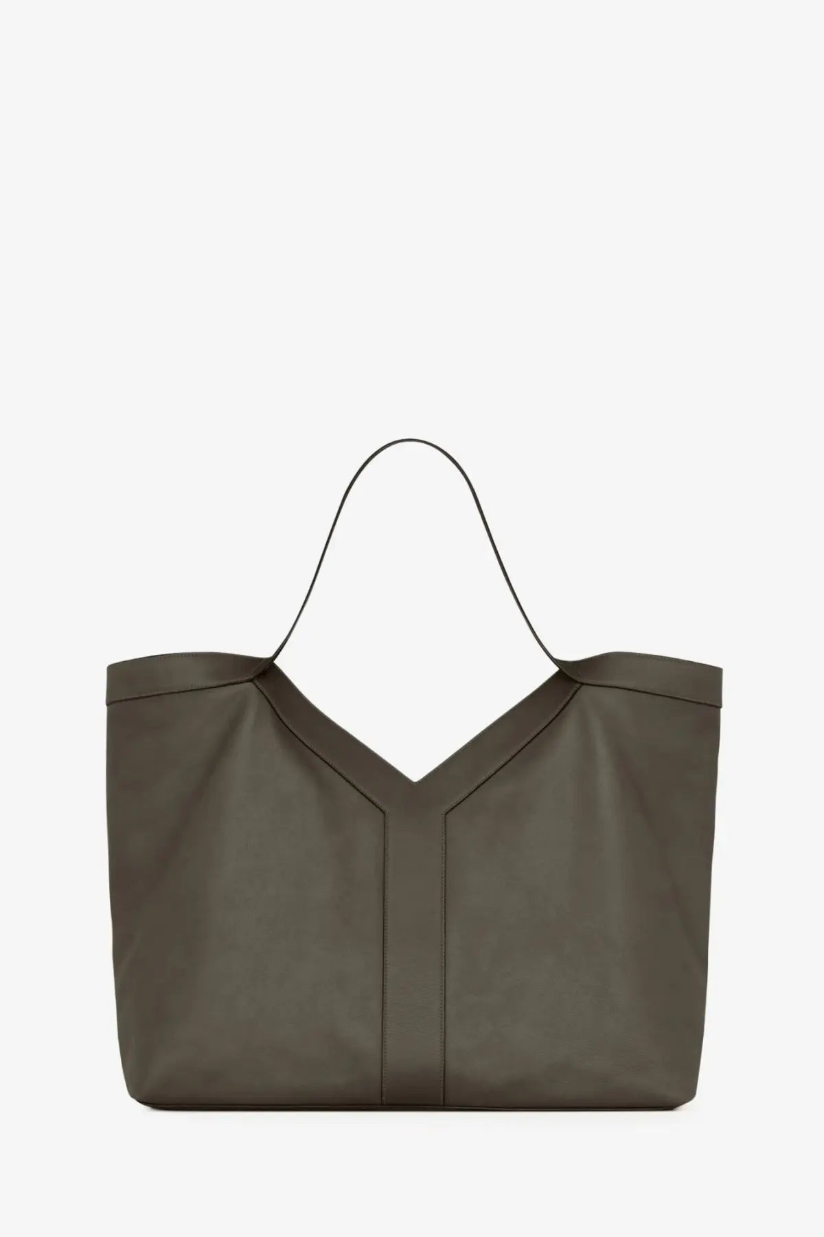 Saint Laurent men’s oversize olive green leather tote bag with distinctive v-shaped front panel and thin black handles