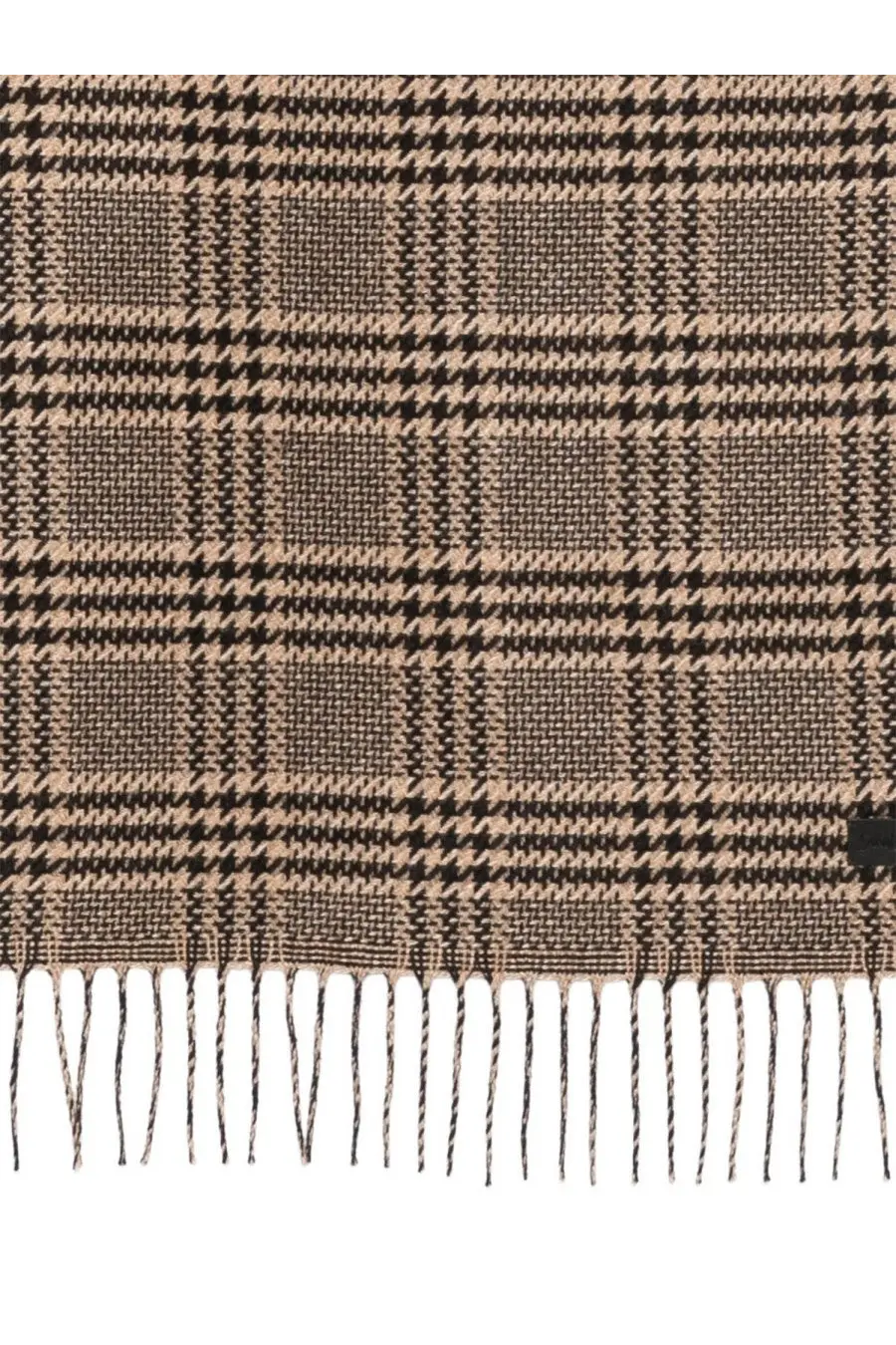 Saint Laurent men’s silk scarf in beige and black houndstooth pattern with fringed edges