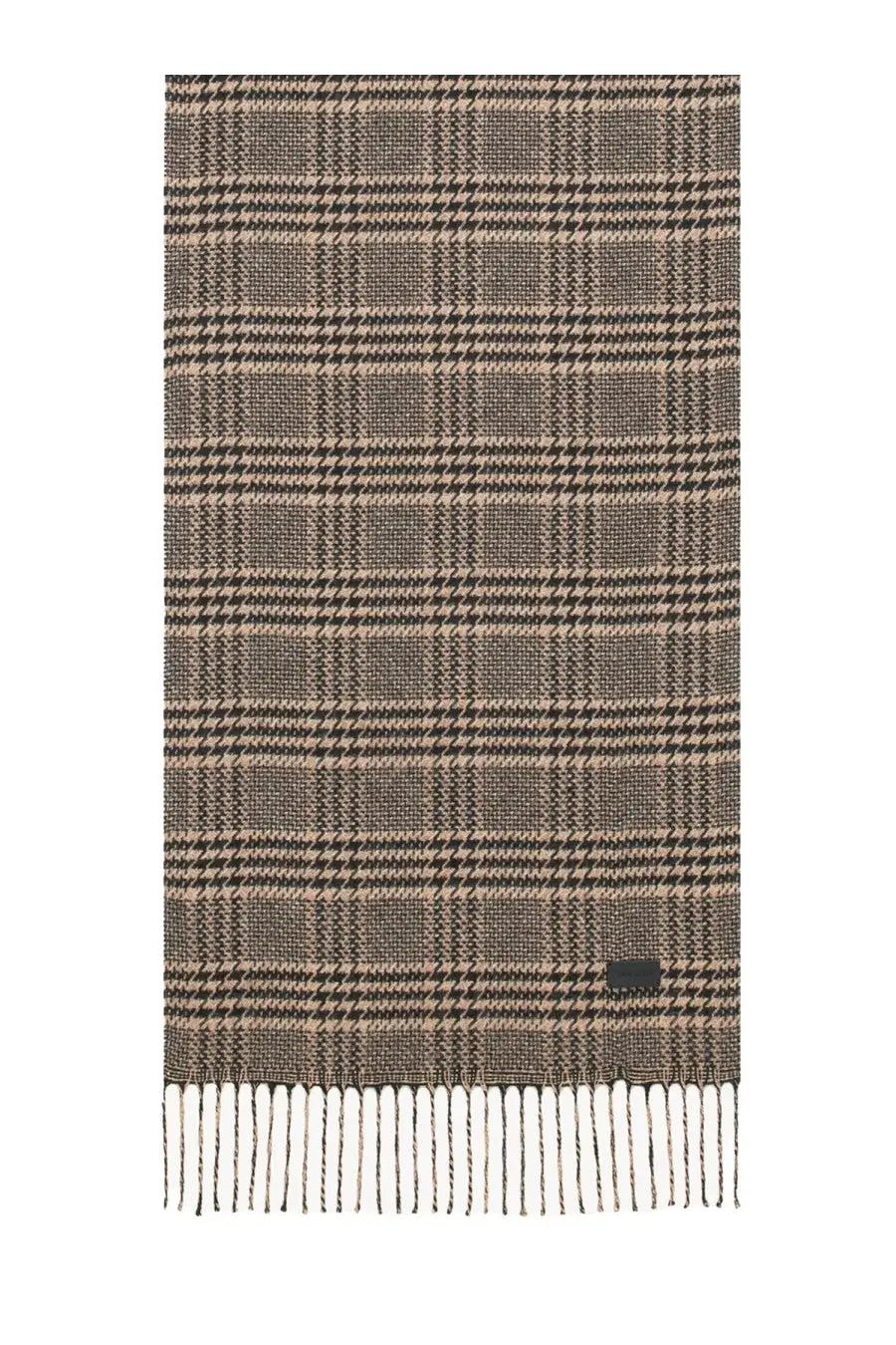 Saint Laurent men’s silk scarf in beige and black houndstooth pattern with fringed edges