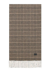 Saint Laurent men’s silk scarf in beige and black houndstooth pattern with fringed edges