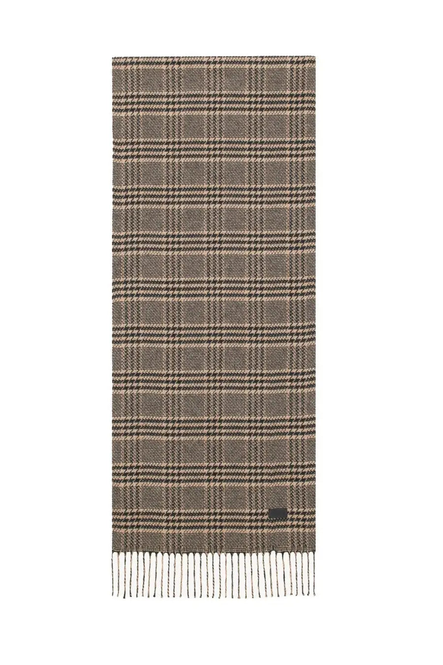 Saint Laurent men’s black silk scarf with classic brown and beige plaid wool pattern and fringe trim