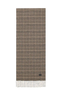 Saint Laurent men’s black silk scarf with classic brown and beige plaid wool pattern and fringe trim