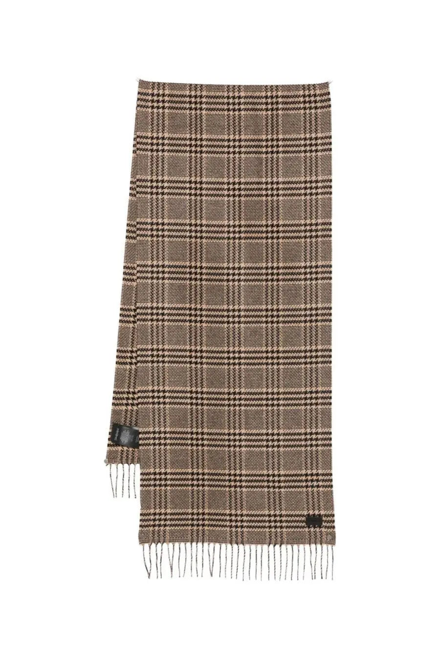 Saint Laurent men’s black silk scarf featuring prince of wales pattern with classic brown beige plaid wool detail