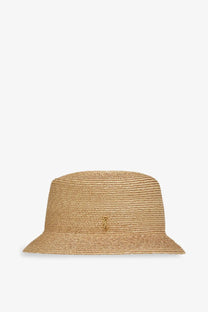 Beige raffia Saint Laurent men’s fedora hat with a small gold-tone logo emblem on the front