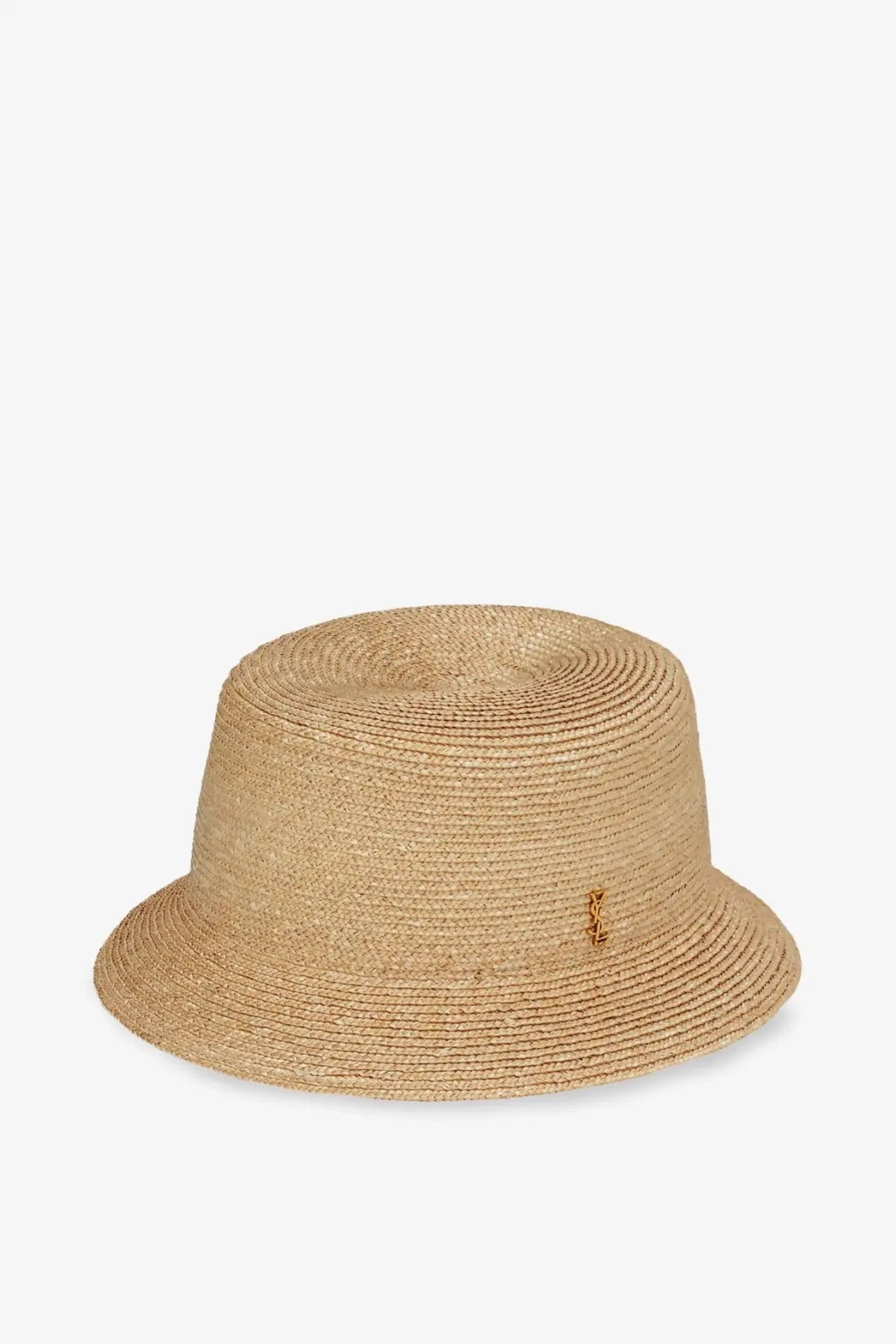 Beige Saint Laurent men’s raffia fedora hat with subtle woven texture and small gold logo on the side