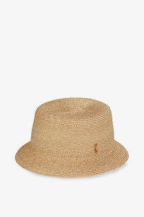 Beige Saint Laurent men’s raffia fedora hat with subtle woven texture and small gold logo on the side