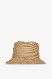 Beige woven straw bucket hat with wide brim and subtle horizontal ribbing from Saint Laurent men’s raffia fedora collection