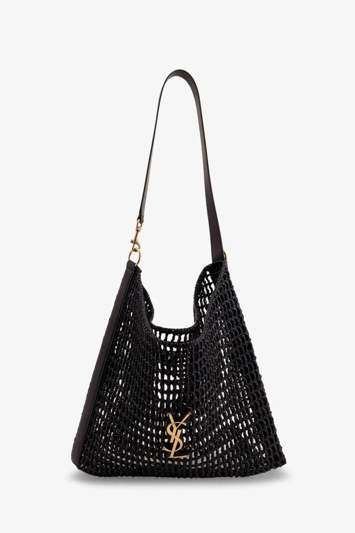 Saint Laurent men’s raffia shoulder bag black with black crocheted leather strap and gold-tone ysl logo tote bag front view