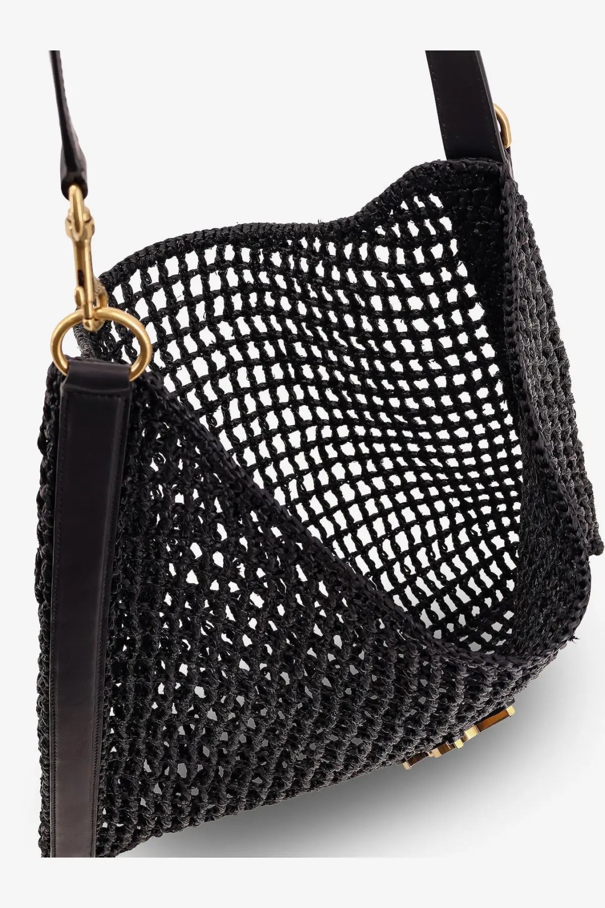 Saint Laurent men’s black woven mesh raffia shoulder bag with gold-tone hardware and leather strap