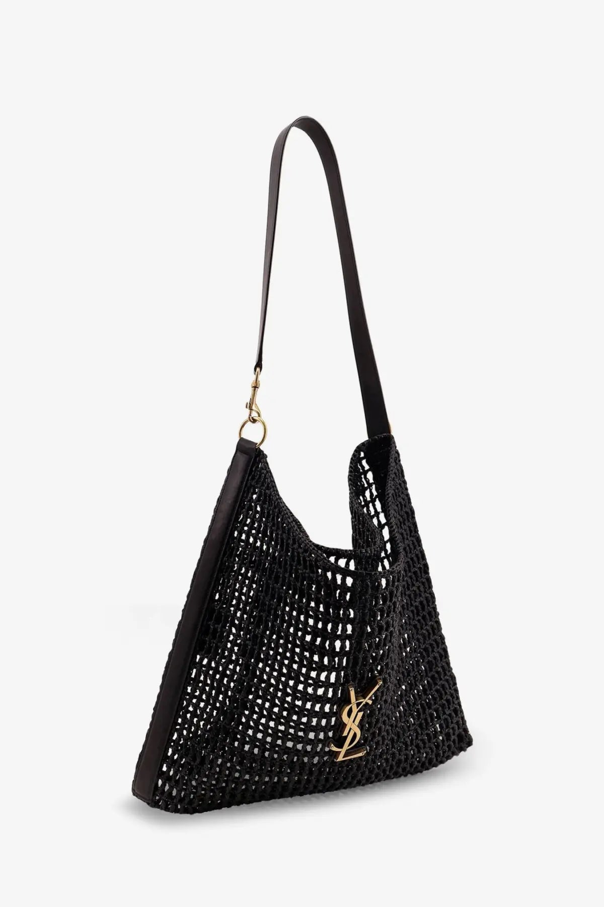 Saint Laurent men’s black woven straw shoulder bag with gold-tone YSL logo and black leather trim
