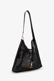 Saint Laurent men’s black woven straw shoulder bag with gold-tone YSL logo and black leather trim