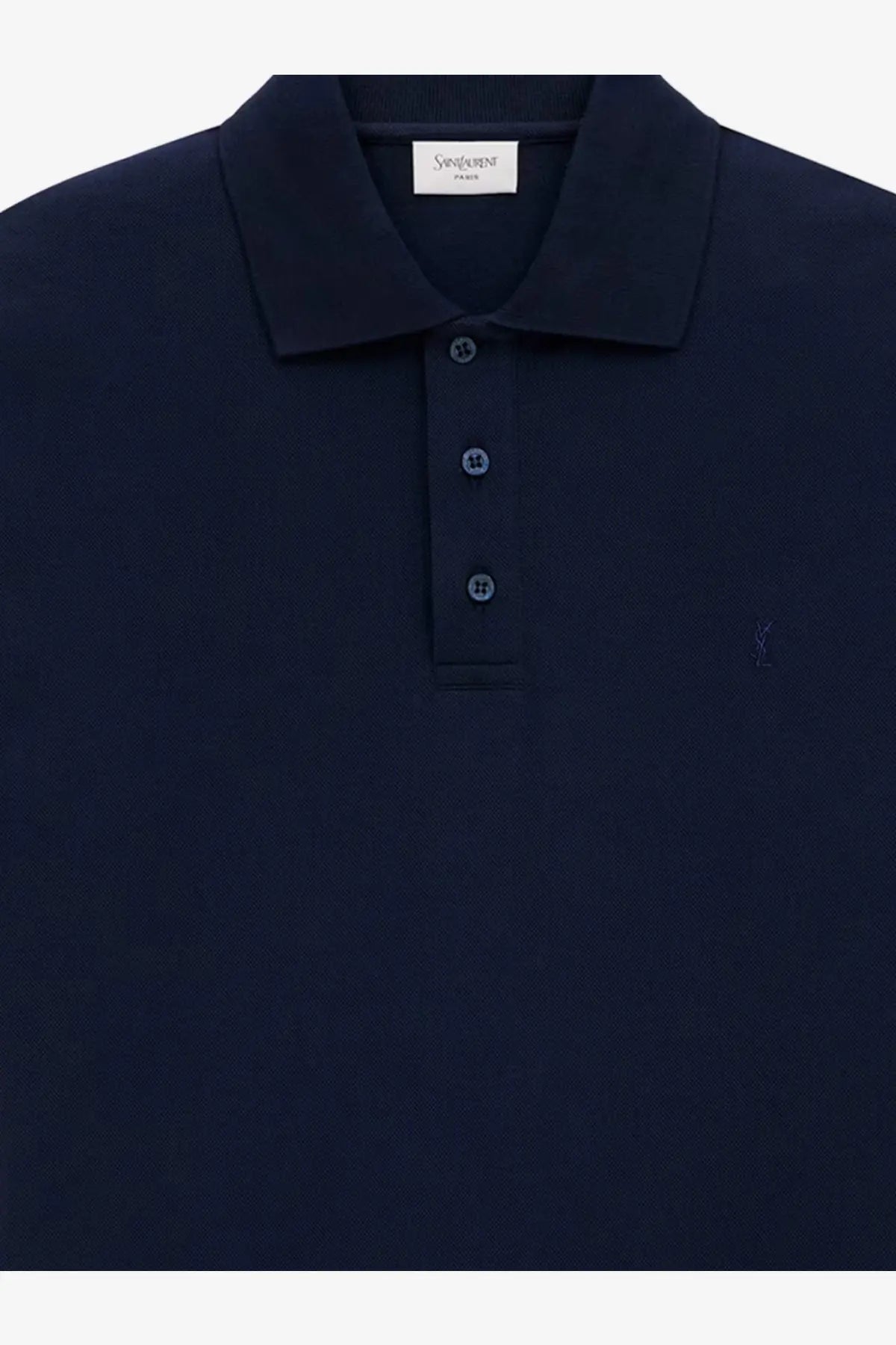 Saint Laurent men’s dark navy blue piqué knit polo shirt in recycled material with subtle embroidered ysl logo and matching buttons