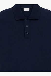Saint Laurent men’s dark navy blue piqué knit polo shirt in recycled material with subtle embroidered ysl logo and matching buttons