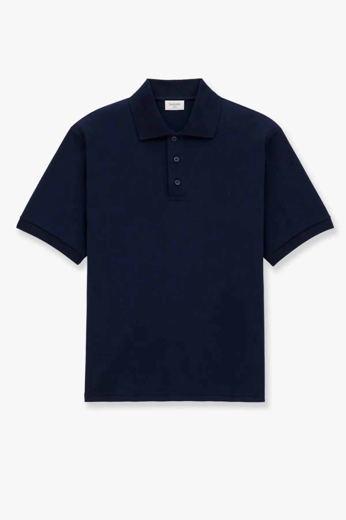 Saint Laurent men’s navy blue short-sleeved polo shirt with classic collar made from recycled material