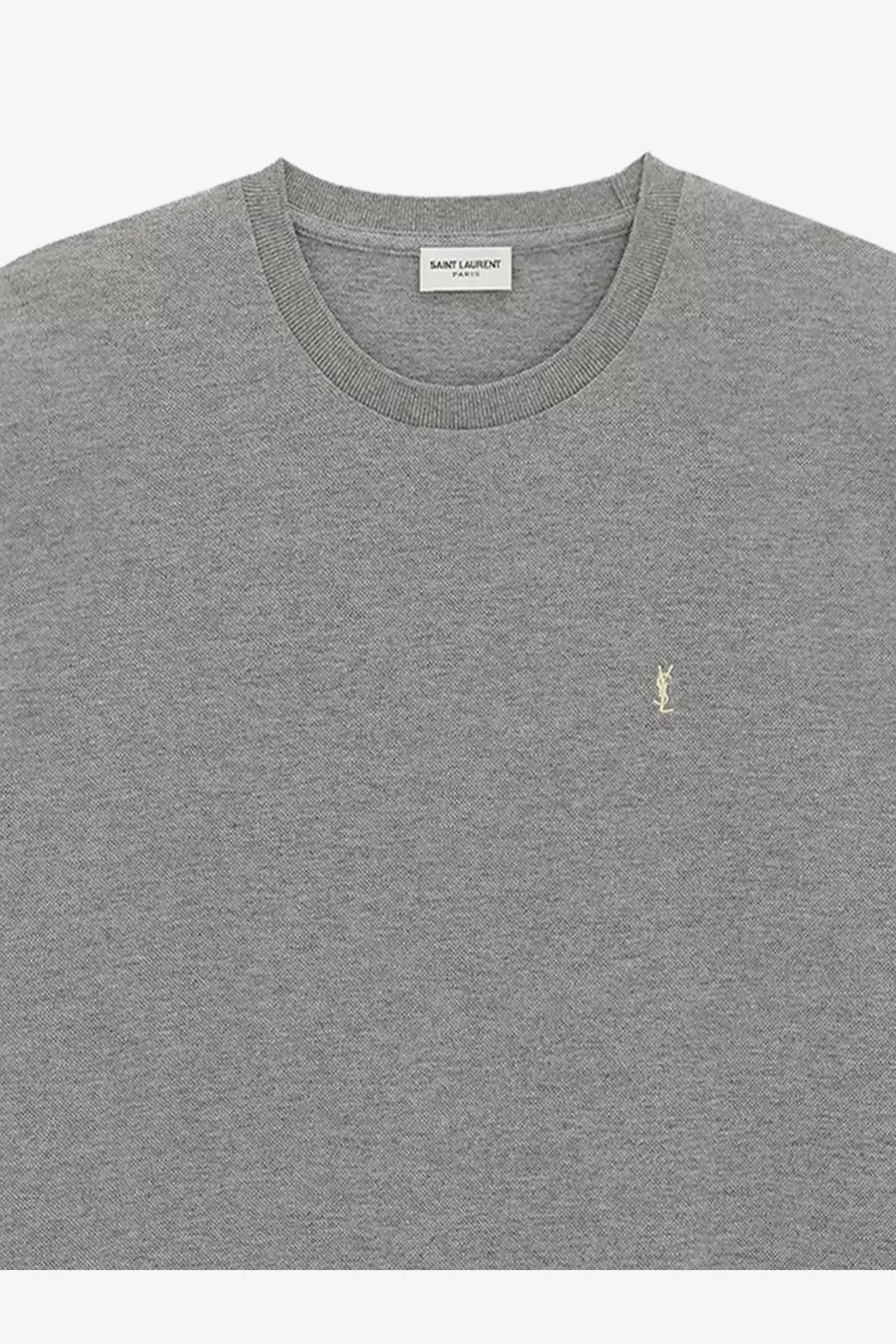 Saint Laurent men’s grey heathered cotton crewneck t-shirt with small embroidered YSL logo on left chest made from recycled material