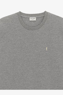 Saint Laurent men’s grey heathered cotton crewneck t-shirt with small embroidered YSL logo on left chest made from recycled material
