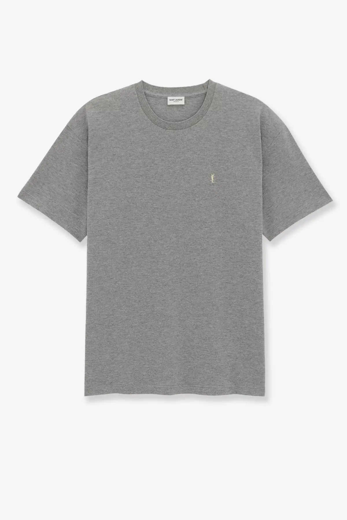 Saint Laurent men’s gray heathered cotton t-shirt with small embroidered logo made from recycled material