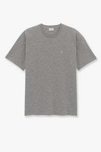 Saint Laurent men’s gray heathered cotton t-shirt with small embroidered logo made from recycled material