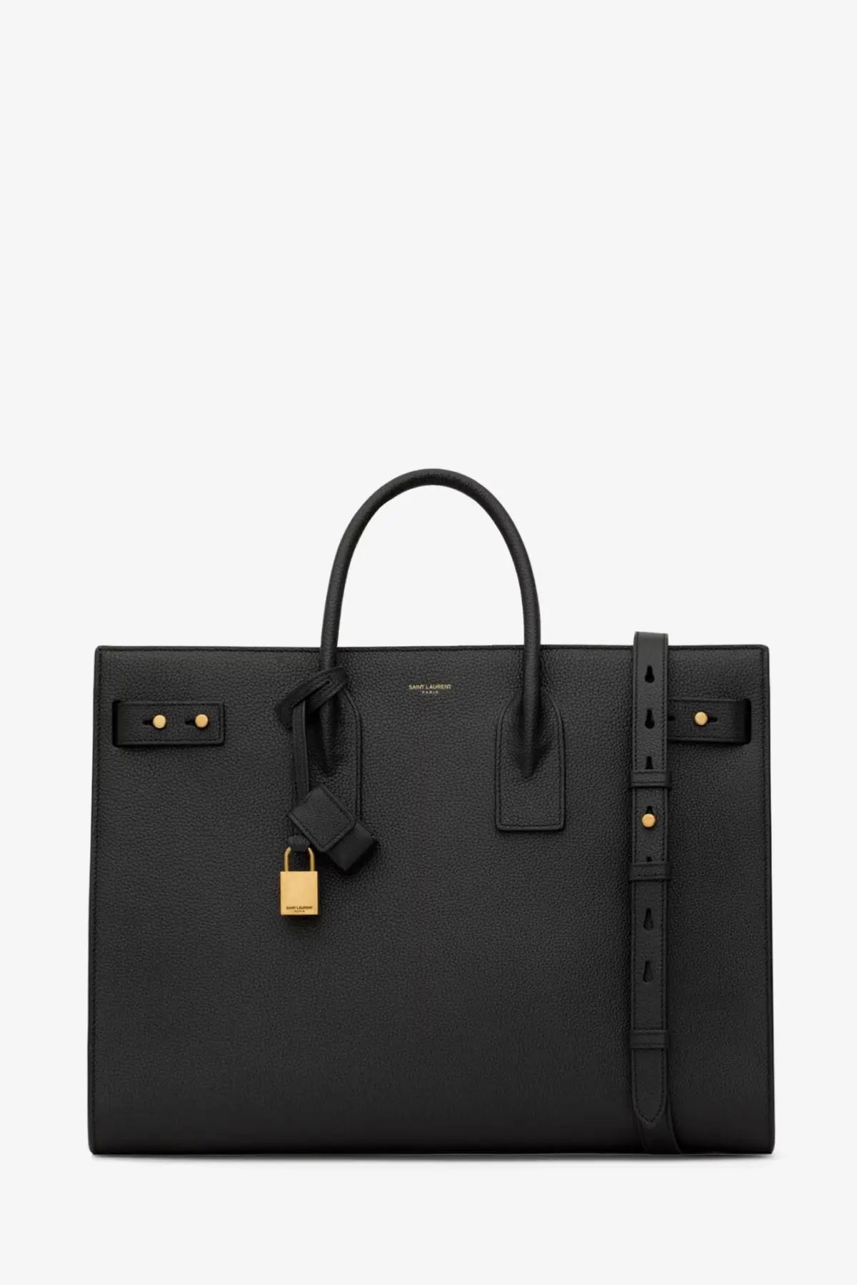 Saint Laurent men’s sac de jour large black leather shoulder bag with gold-tone hardware and detachable strap