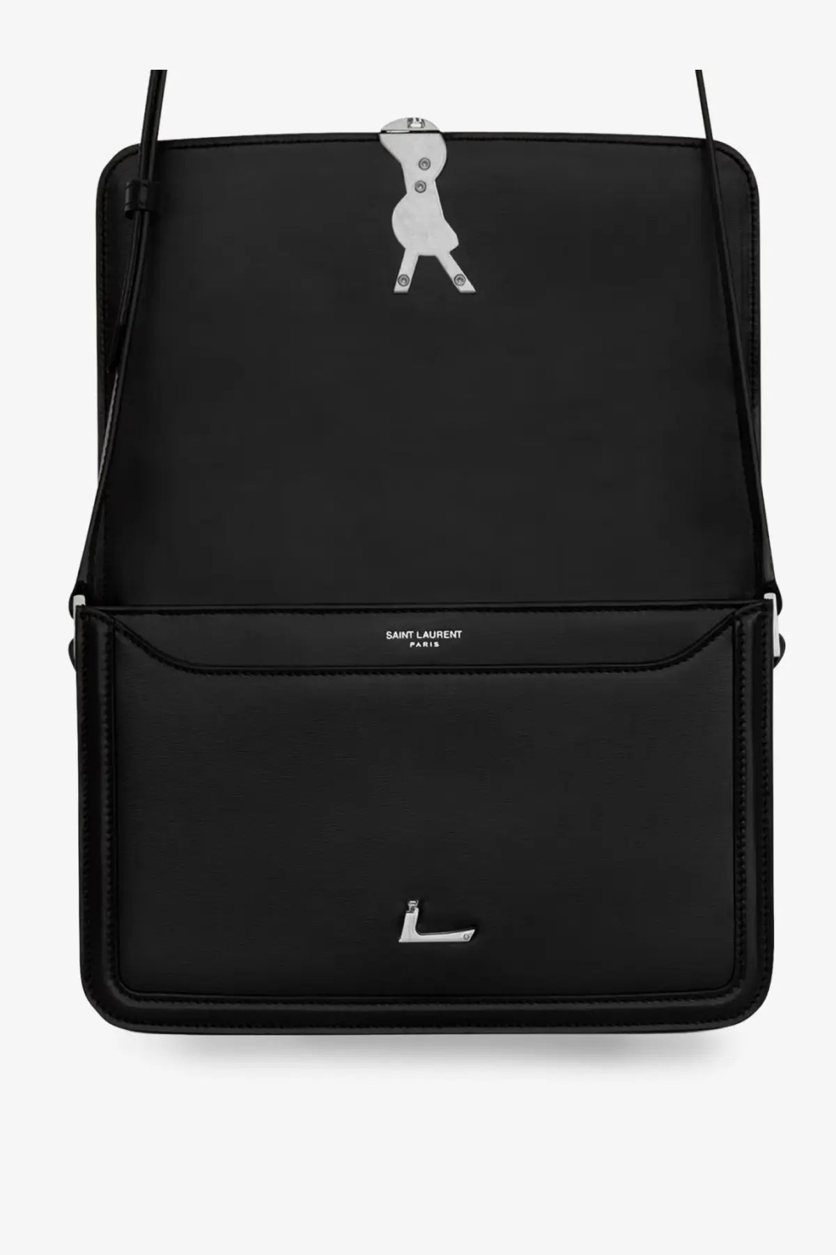Saint Laurent men’s satchel solferino medium black leather crossbody bag with silver-tone bird clasp and embossed l logo