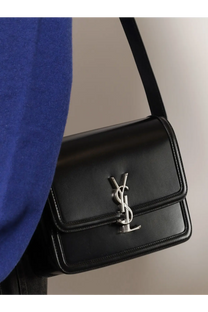 Saint Laurent men’s black leather satchel Solferino medium crossbody bag with silver-tone interlocking logo clasp