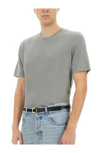 Saint laurent men’s gray crew neck t shirt with subtle embroidered logo on the chest in cotton blend fabric