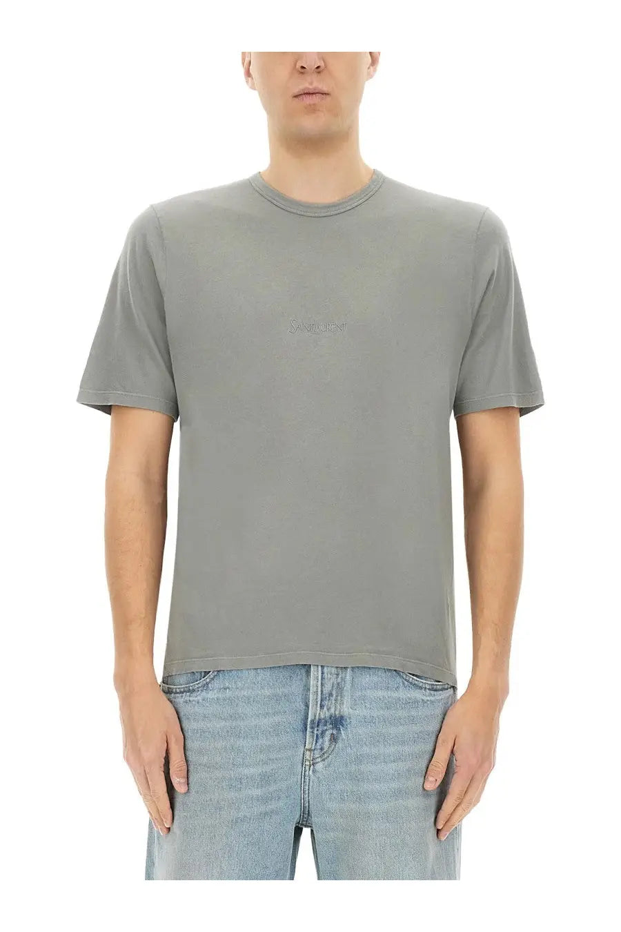 Saint Laurent men’s minimalist gray cotton t-shirt with a subtle embroidered logo on the chest