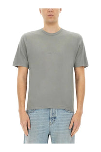 Saint Laurent men’s gray cotton t-shirt with a minimalist design and subtle embroidered logo on the chest