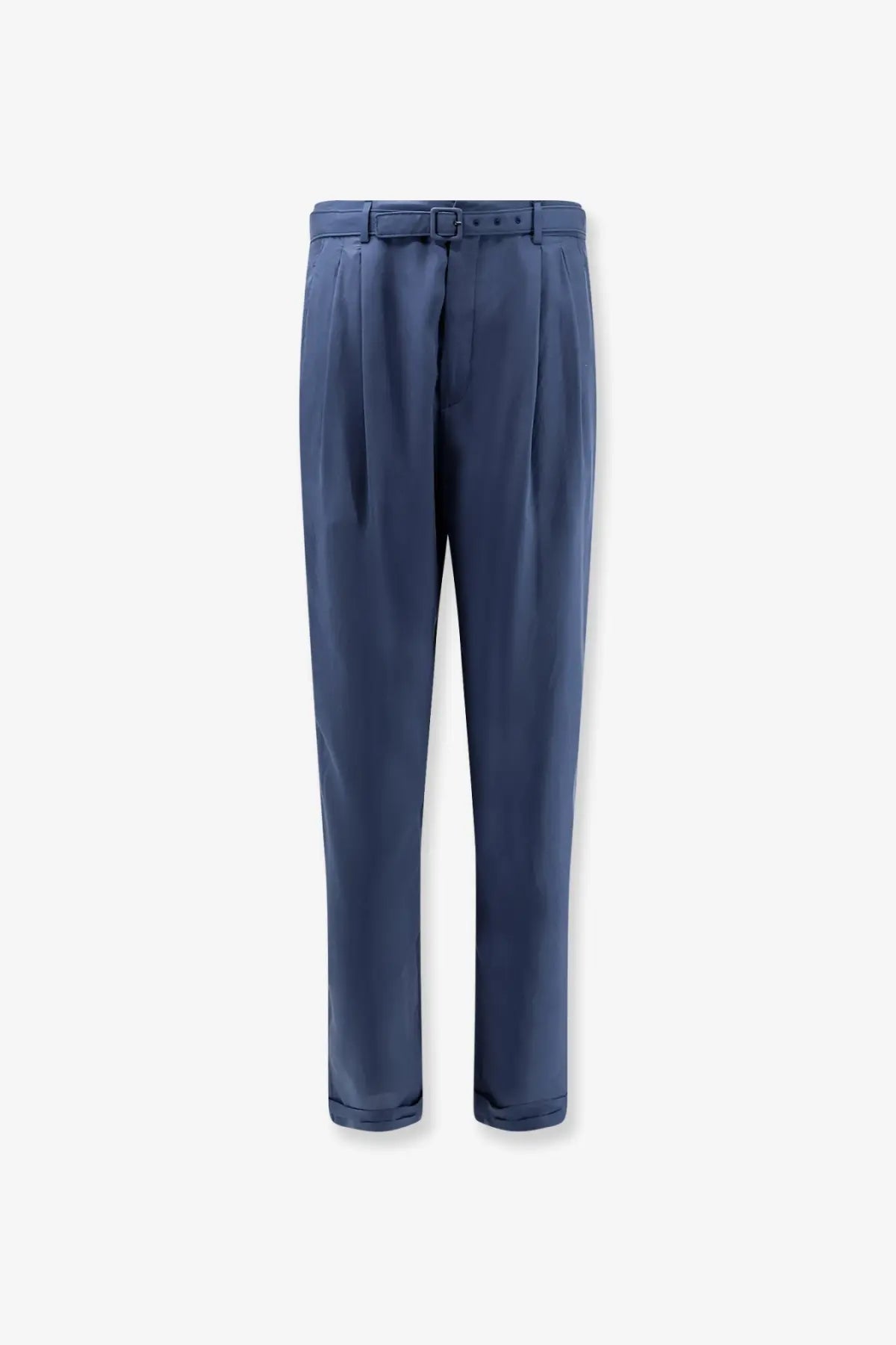 Saint Laurent men’s navy blue silk pleated trousers with matching belt and button closure for formal wear