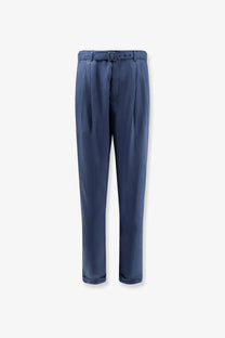 Saint Laurent men’s navy blue silk pleated trousers with matching belt and button closure for formal wear