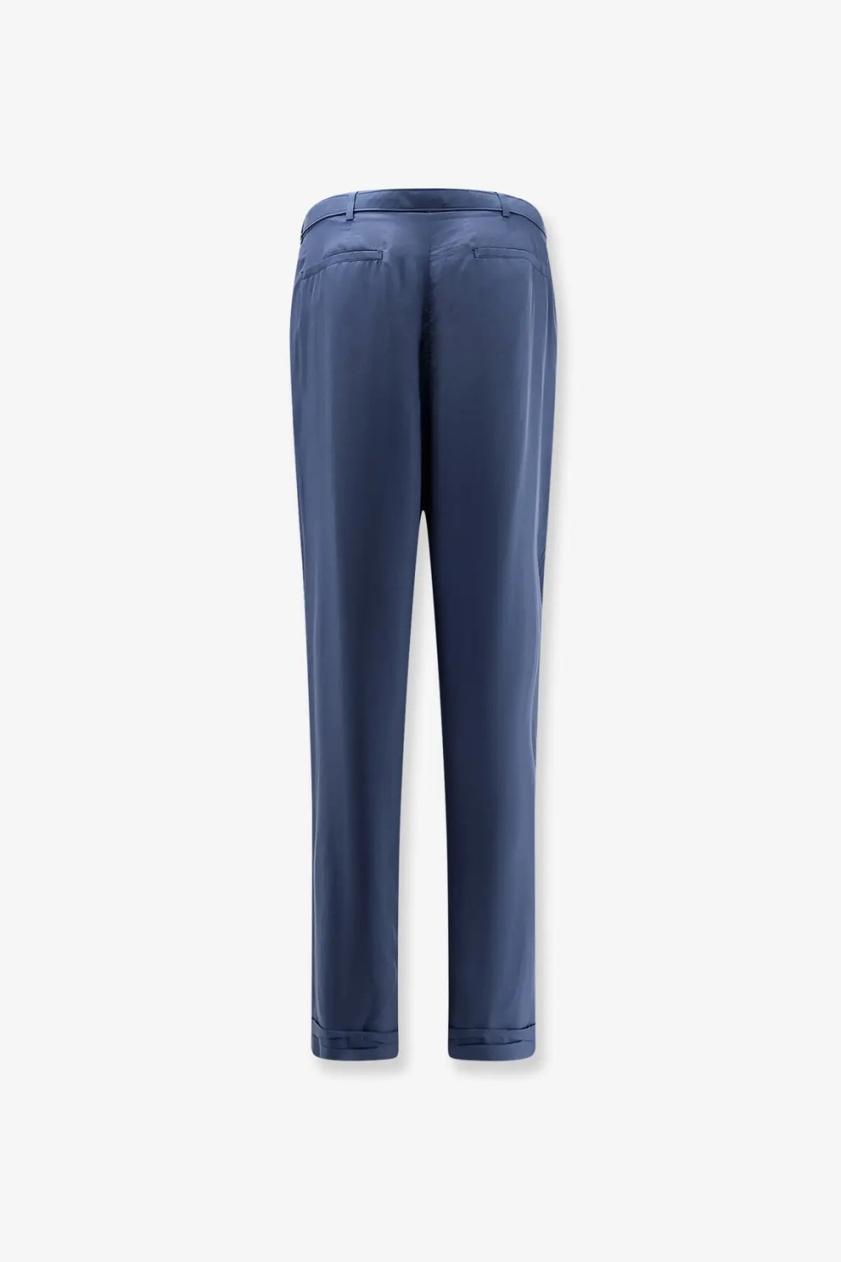 Navy blue Saint Laurent men’s silk tailored trousers with a sleek straight-leg cut and rolled cuffs