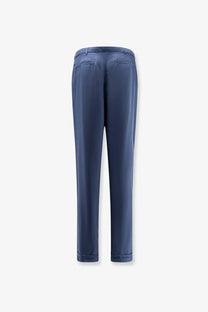 Navy blue Saint Laurent men’s silk tailored trousers with a sleek straight-leg cut and rolled cuffs