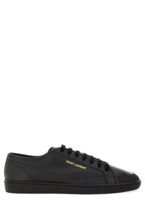 Saint Laurent men’s smooth leather black low-top gym sneaker with gold branding on the side