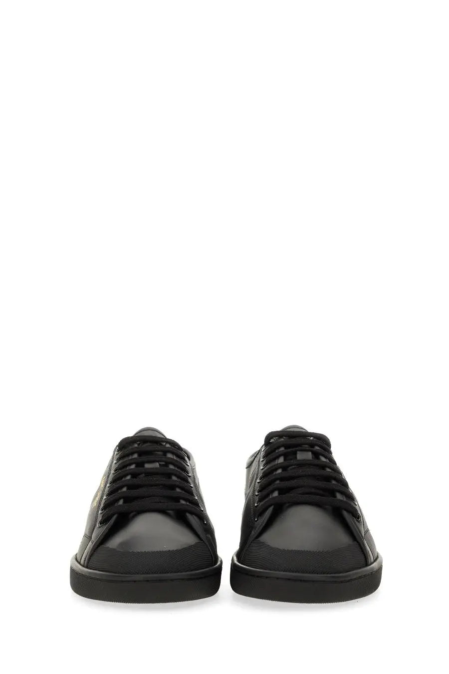 Saint Laurent men’s smooth black leather low-top gym sneaker with sleek minimalist design and subtle gold logo on side