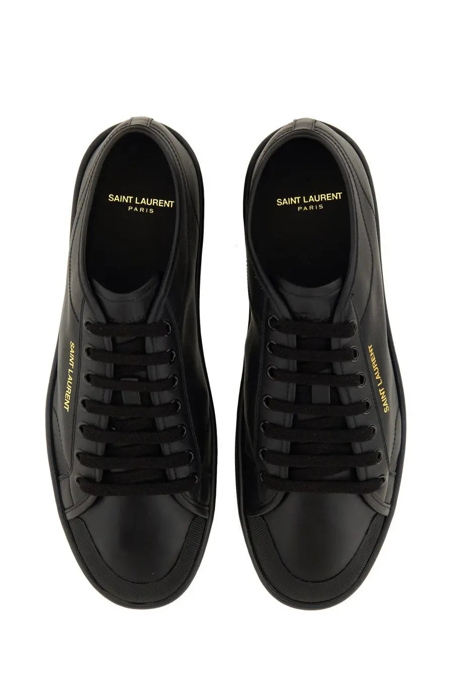 Saint Laurent men’s smooth leather gym sneaker in black with gold branding on sides and lining
