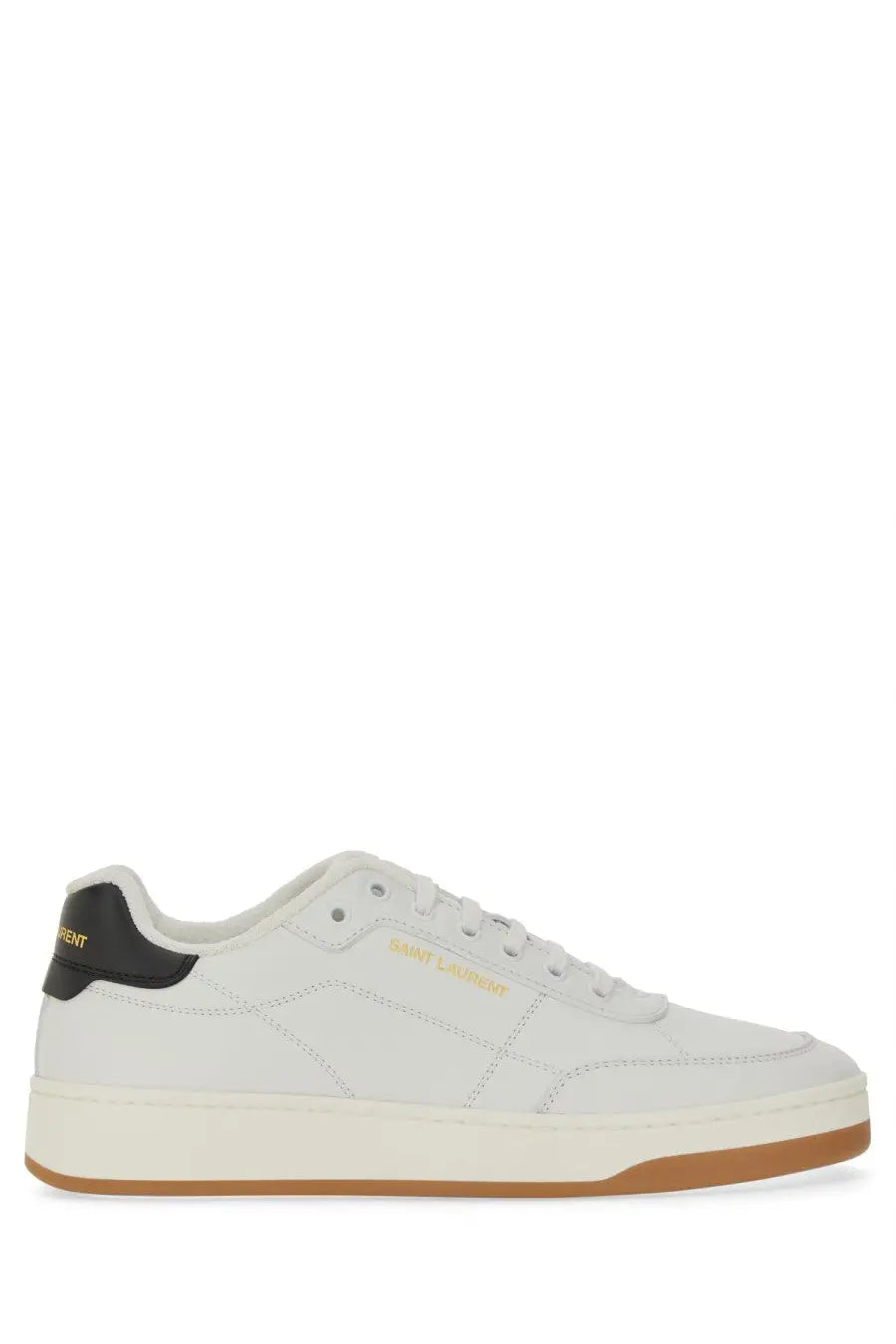 Saint Laurent men’s white leather low-top sneaker with black heel tab and gold branding visible from the back side