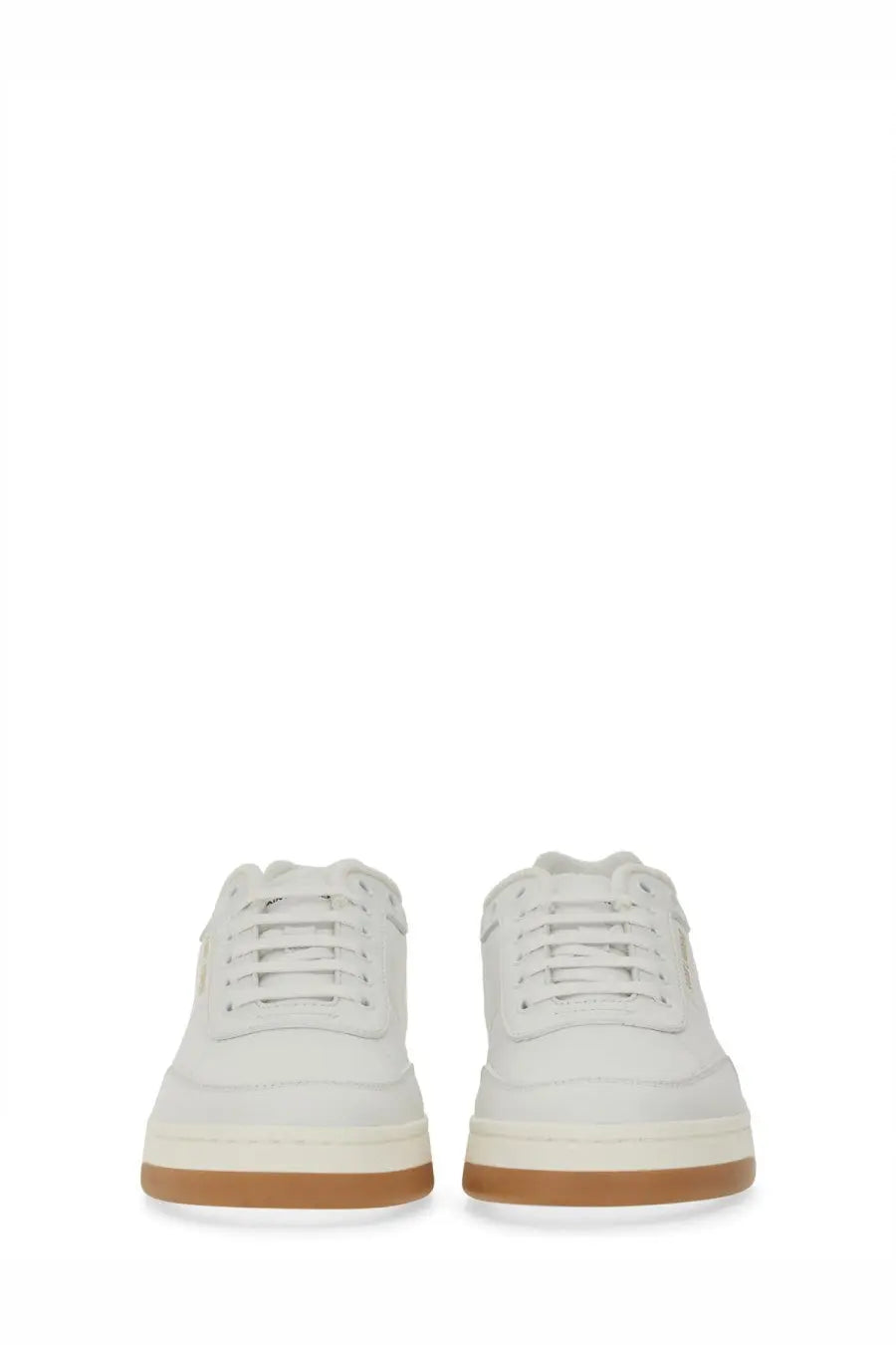 Saint Laurent men’s sneaker sl white low-top white leather sneakers with tan rubber sole and matching laces