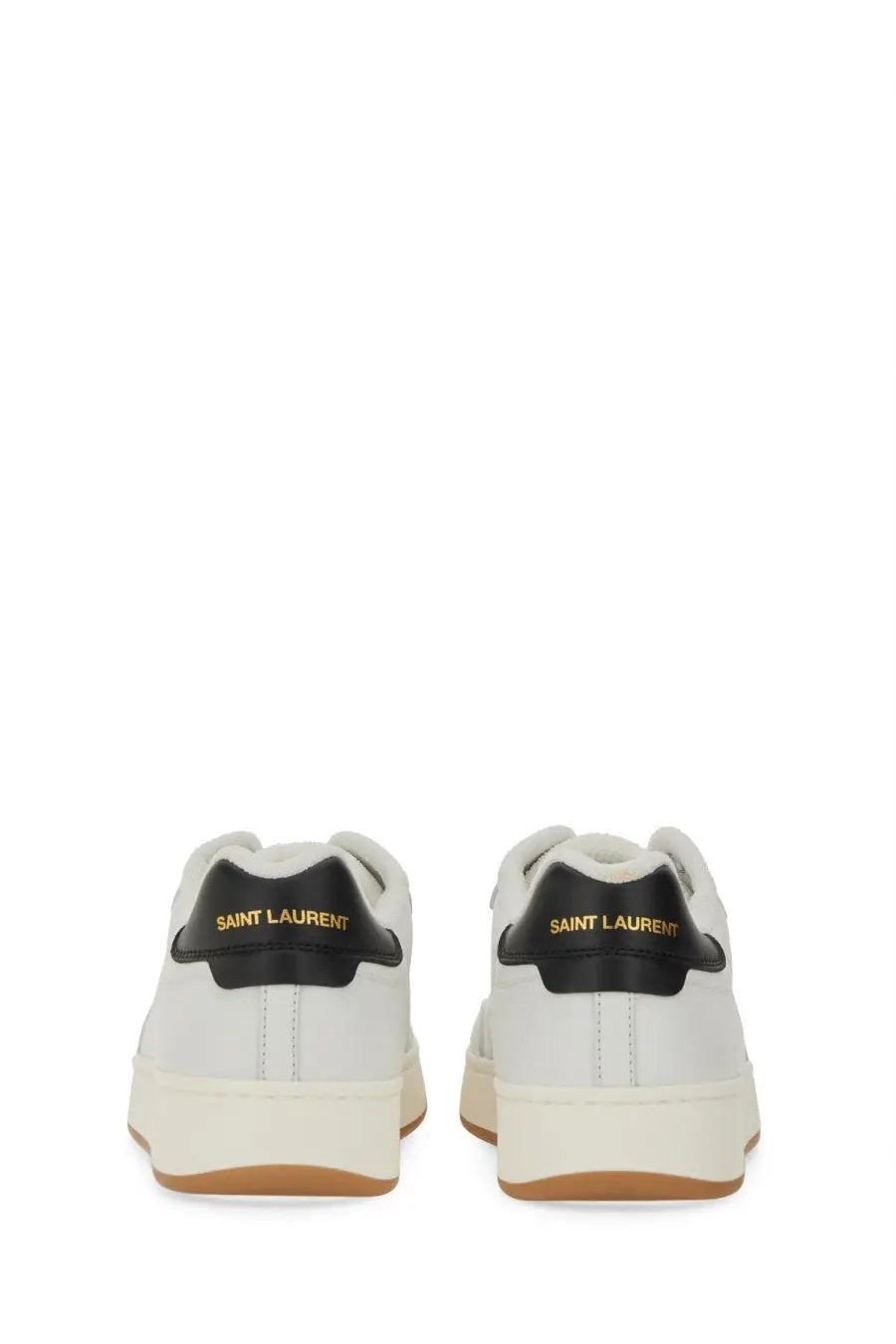 Saint Laurent men’s sneaker SL white white leather with black heel tabs and gold lettering shown from the back side