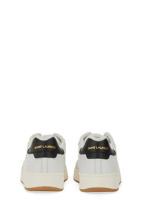 Saint Laurent men’s sneaker SL white white leather with black heel tabs and gold lettering shown from the back side