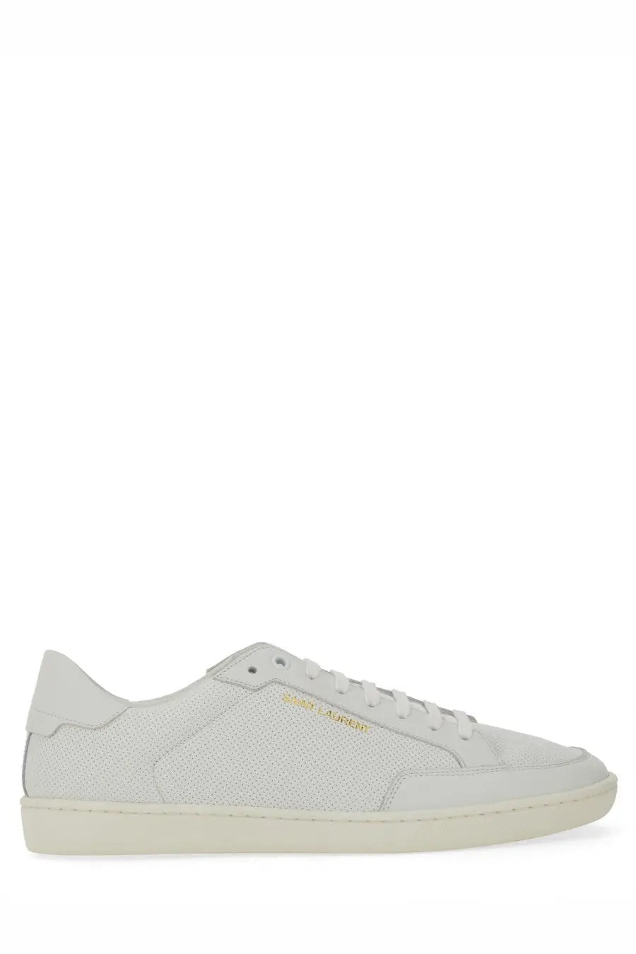 Saint Laurent men’s court classic sl white sneaker with textured upper and gold branding detailing