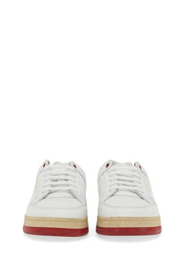 Saint Laurent men’s white leather sneakers with red and beige soles featuring a stylish multicolor design